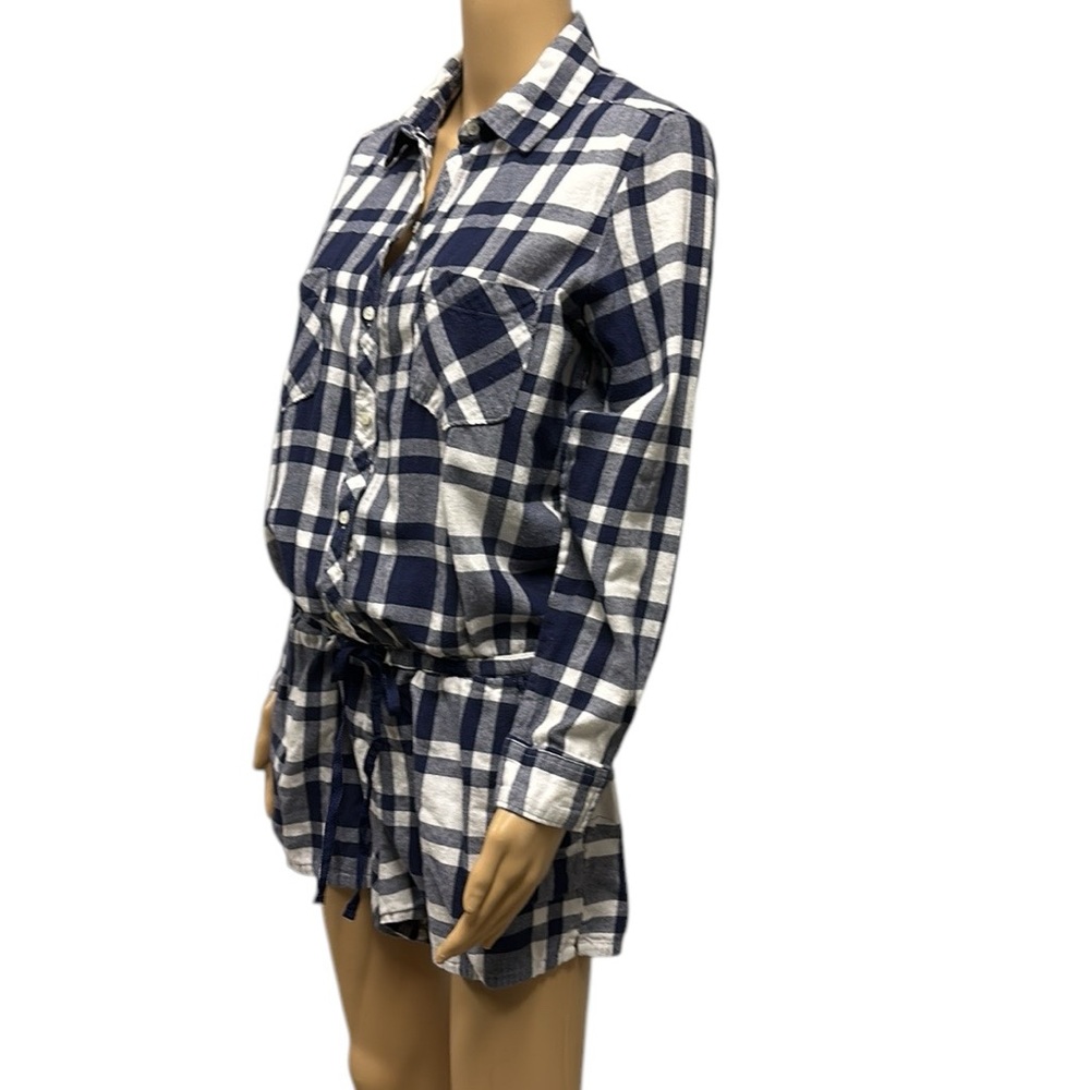 Aerie Cotton Blue White Flannel Plaid Button Up Long Sleeve Short Romper Large - Picture 2 of 13